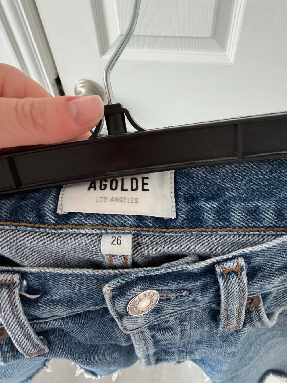 Agolde Parker long sky wave 26 Medium Blue Distressed High-Rise Denim Shorts